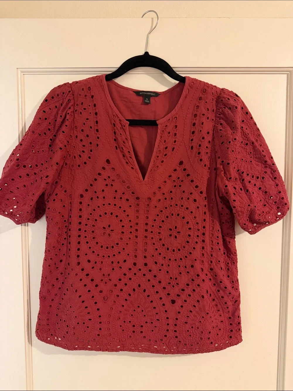 Rust Eyelet Puff-Sleeve Top - Women's